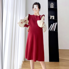 批发实拍2023<b class='q'>冬</b>季新款网红孕妇装元旦新年红裙炸街回门哺乳连衣裙