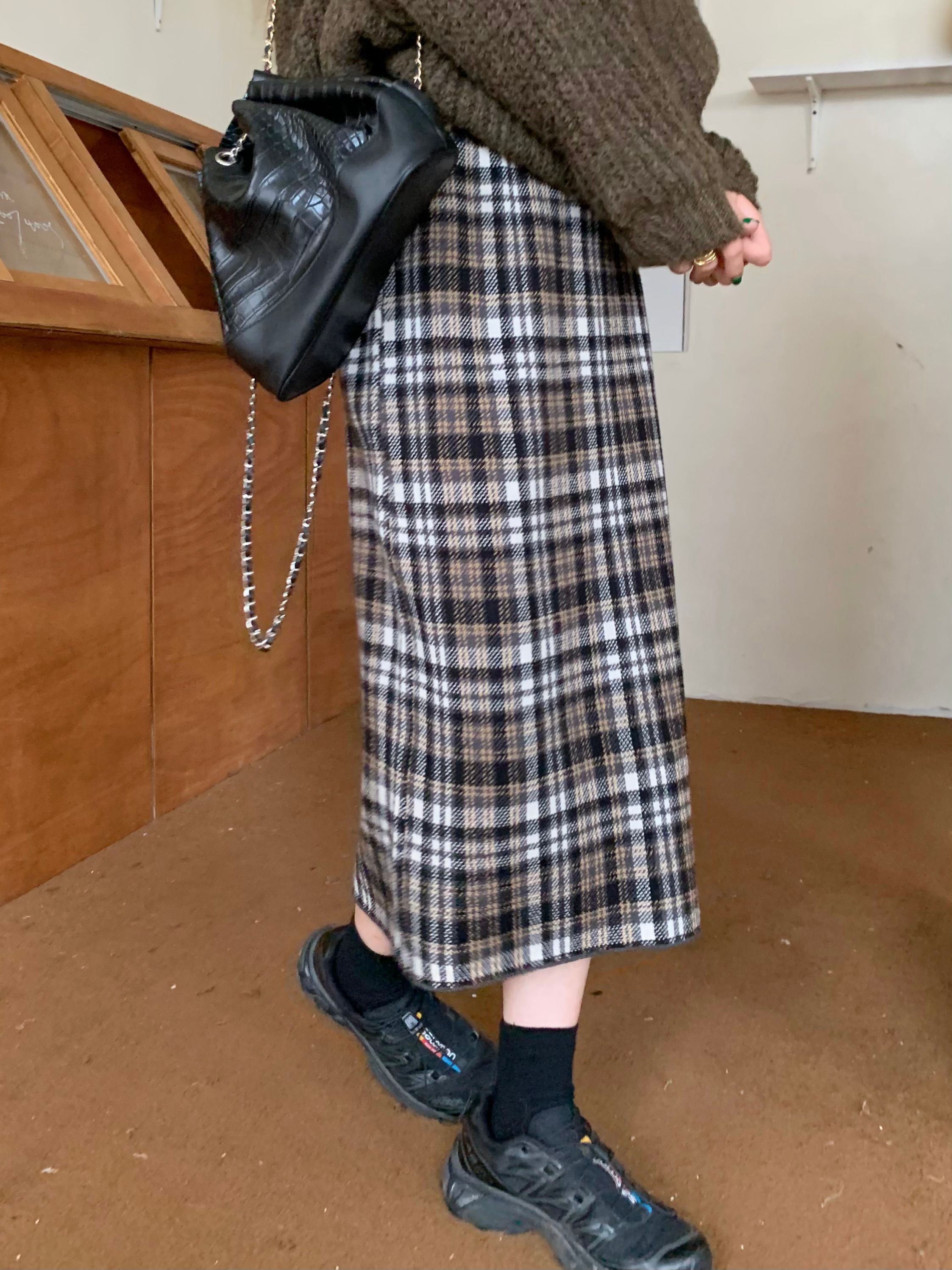 Real shot~Retro fashionable plaid high-waisted knitted half-length skirt with elastic waist for fat mm