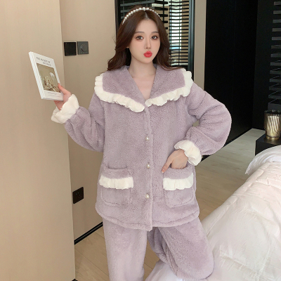 d 冬季新品保暖法兰绒睡衣宽松可爱甜美套装舒适柔软家居服女