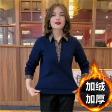 批发大码200斤加绒加厚假两件秋冬装时尚衬衣拼接卫衣宽松遮肚<b class='q'>妈妈装</b>