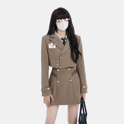 学院风英伦西装外套女2022秋季新款高腰修身显瘦百褶裙两件套装