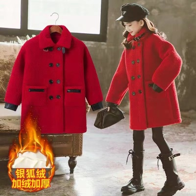 女童中长款红大衣外套原版尺寸 布料510克 袖口皮革 领口原版皮带