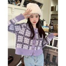 批发新款韩版紫色格纹毛衣外套女装设计感百搭修身显瘦针织<b class='q'>开衫</b>