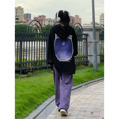 310克仿棉交织布不起球 冬季加绒卫衣女连帽印花 后包条双层帽