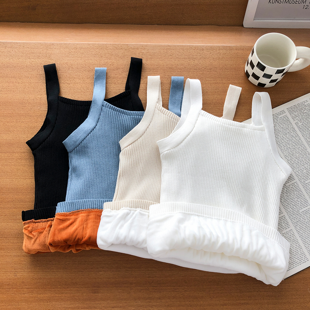 MY14733# 双层加绒针织吊带背心女内搭无袖弹力打底衫保暖上衣女裝貨源服裝批發