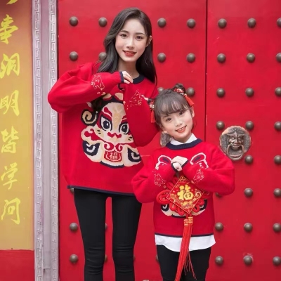 中国风新年全家福拜年服母子母女秋冬款一家三四口过年亲子装毛衣