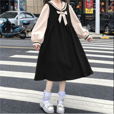 春季新款日系学院风海军领显瘦长袖中长款连衣裙女学生韩版A字裙