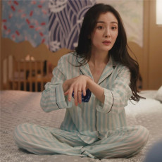 批发爱的二八定律<b class='q'>杨幂</b>秦施<b class='q'>同款</b>绿色条纹睡衣<b class='q'>套装</b>衬衫长裤家居服