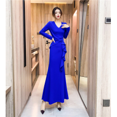 批发实拍2026春季新款时尚网红v领荷叶边鱼尾长<b class='q'>裙</b><b class='q'>紧身</b>包臀连衣<b class='q'>裙</b>