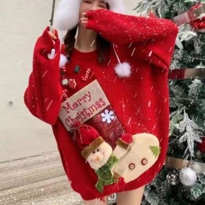 毛衣厂家现货正版红色圣诞款新年毛衣女秋冬加厚中长款风圆领套头
