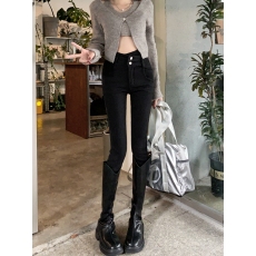 批发实拍实价#黑色弹力紧身牛仔裤<b class='q'>女</b>斜腰两粒扣铅笔小脚裤子