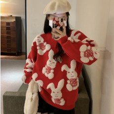秋冬2022新款韩系洋气时尚红色兔子提花套头长袖圣诞毛衣上衣