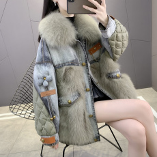批发海宁皮草新款2022冬季爆款狐狸毛毛羽绒服牛仔外套女短款派克服