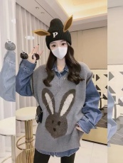 欧货秋冬Polo领长袖中长款宽松牛仔衬衫无袖针织衫时尚两件套装女