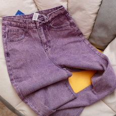 批发紫色牛仔裤女2023春秋新款设计感小众显瘦高腰做旧阔腿长裤