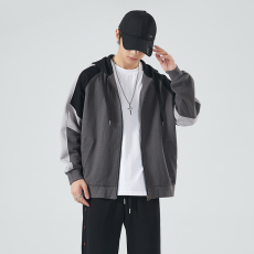 批发拼色拉链开衫卫衣男连帽2022年新款宽松大码重磅外套男秋季