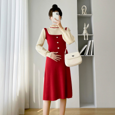 批发实拍2023<b class='q'>冬</b>季新款网红孕妇装元旦新年红裙炸街回门哺乳连衣裙