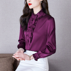 批发2026实拍木耳领边桑蚕丝荷叶边上衣<b class='q'>真丝</b>立领衬衫女高端洋气打底衬