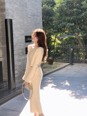 ByYou 冬季高级感杏色仿貂绒针织毛衣套装女加厚长款包臀裙两件套