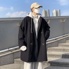 批发假两件毛呢大衣男冬季ins潮牌拼接连帽宽松中长款呢子外套男