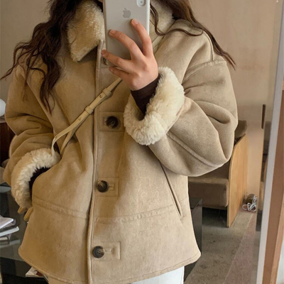 韩版羊羔绒外套女2022新款宽松高级设计感小众加厚仿羊羔毛秋冬季