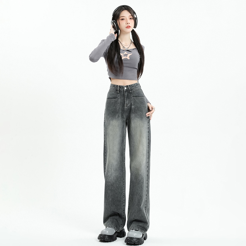 Real shot of washed retro high-waisted jeans for women, new straight-leg, loose, slimming, pear-shaped wide-leg pants