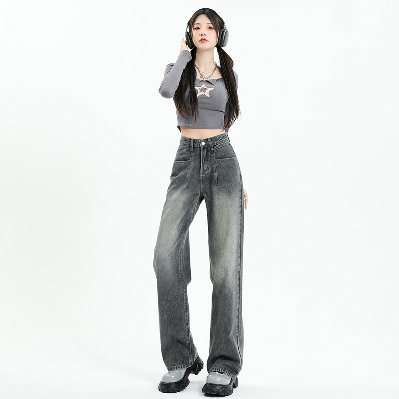 Real shot of washed retro high-waisted jeans for women, new straight-leg, loose, slimming, pear-shaped wide-leg pants