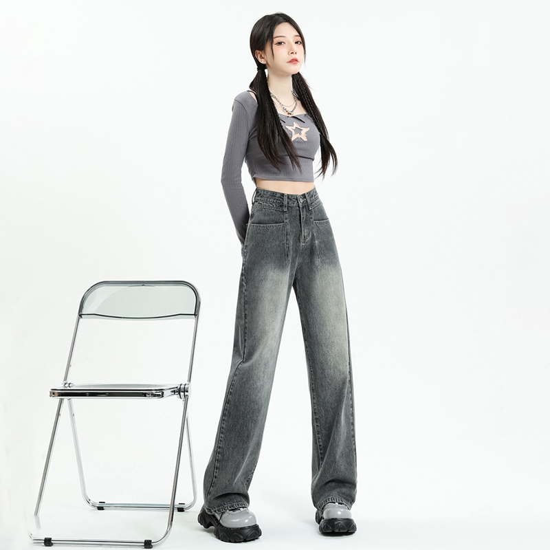 Real shot of washed retro high-waisted jeans for women, new straight-leg, loose, slimming, pear-shaped wide-leg pants