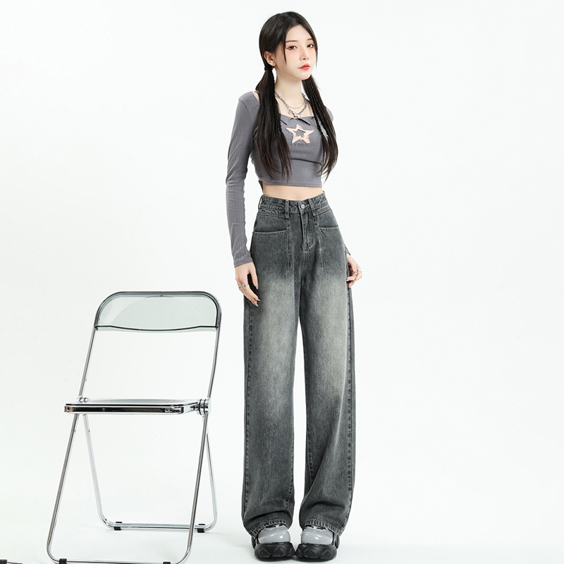 Real shot of washed retro high-waisted jeans for women, new straight-leg, loose, slimming, pear-shaped wide-leg pants