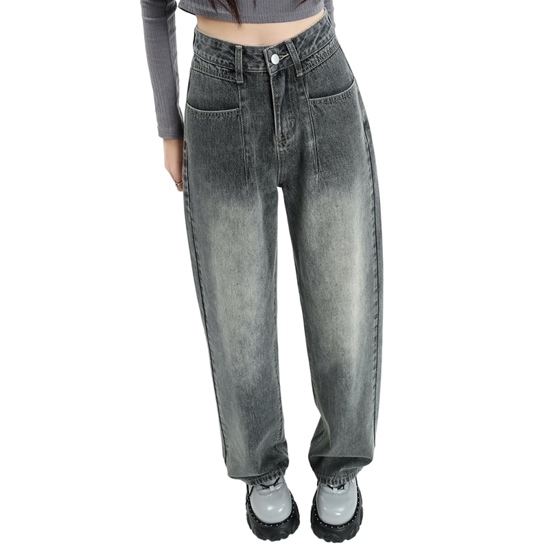 Real shot of washed retro high-waisted jeans for women, new straight-leg, loose, slimming, pear-shaped wide-leg pants