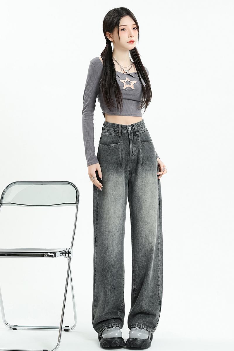 Real shot of washed retro high-waisted jeans for women, new straight-leg, loose, slimming, pear-shaped wide-leg pants