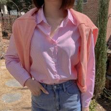 批发韩版春秋季条纹衬衫原宿风休闲百搭外穿打底衬衣女春
