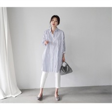 批发春秋韩版宽松中长款长袖<b class='q'>衬衫女</b>显瘦百搭衬衣外套单排扣两侧有口袋