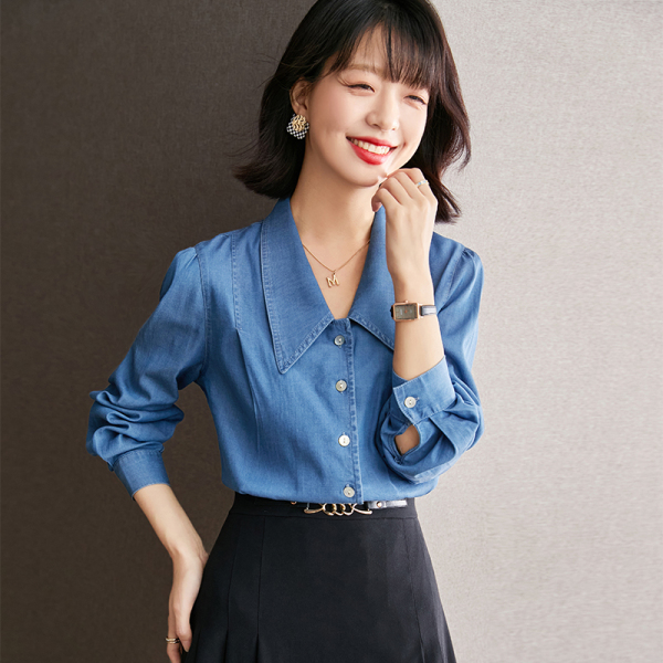 RM804#法式复古翻领设计感长袖牛仔衬衣2023春季新款蓝色上衣女