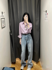 女装2023全棉条纹衬衫上衣长袖薄款外套春加长款牛仔裤两件套女