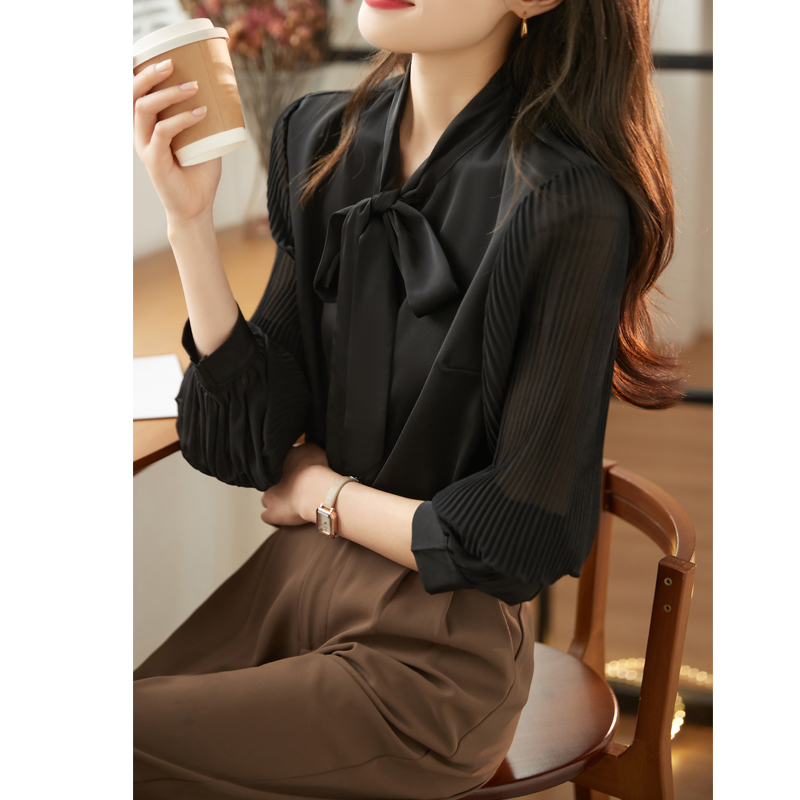 2026 년 가을 새로운 리본 칼라 나비 매듭 매우 요정 ~ 중 긴팔 여성 쉬폰 블라우스