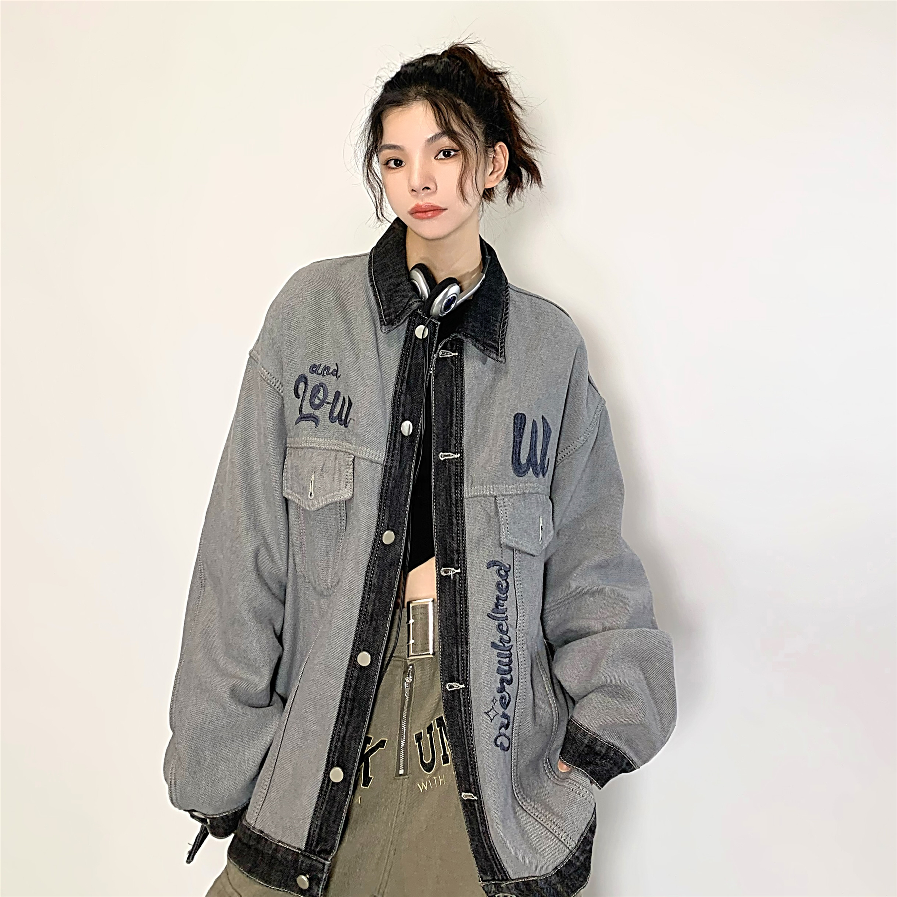 美式小众重工艺做旧牛仔外套女宽松潮牌设计感黑灰色外套