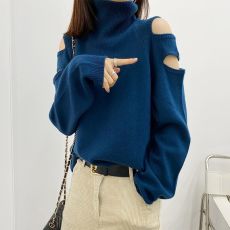 批发外贸品牌出口一线剪标女装羊毛针织衫洋气设计感露肩高领毛衣