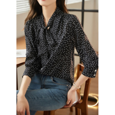批发2026新款早春时尚洋气波点长袖<b class='q'>衬衫</b>女宽松蝴蝶结飘带雪纺衫