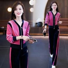 批发892#金丝绒2025春秋季新款<b class='q'>时尚</b><b class='q'>女装</b>V领洋气阔腿裤<b class='q'>休闲</b>运动两件套