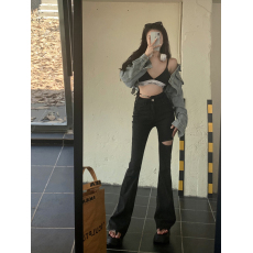 批发实拍实价~春新款牛仔裤女设计腰金属<b class='q'>饰品</b><b class='q'>显瘦</b>破洞系带喇叭长裤