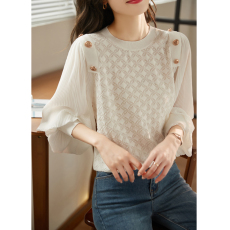 批发蕾丝拼接打底衫女2026春季新款宽松百搭休闲花边领网纱上衣