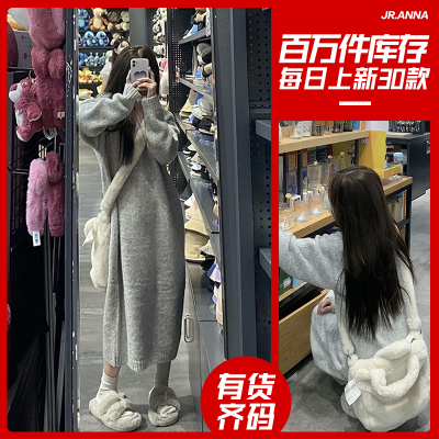 灰色针织连衣裙子女秋冬2022新款女装小个子长裙配大衣内搭毛衣裙