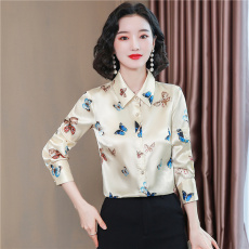 批发秋装2025新款时尚减龄印花衬衣洋气<b class='q'>妈妈</b>长袖真丝女士衬衫秋款上衣