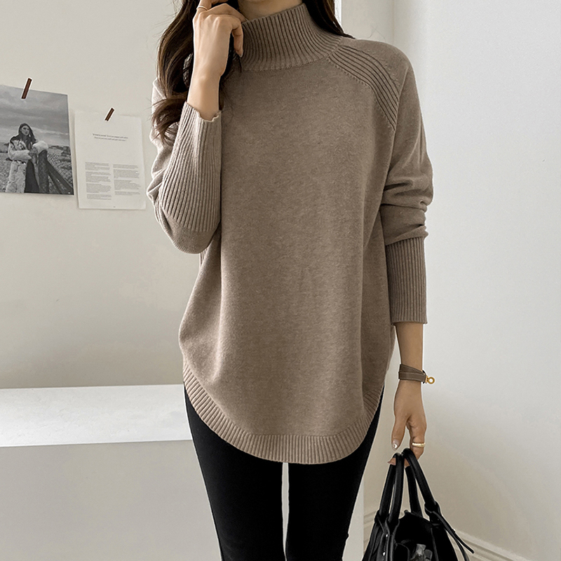 Real shot of large size arc hem sweater European and American loose solid color half turtleneck waistcoat irregular bottoming sweater