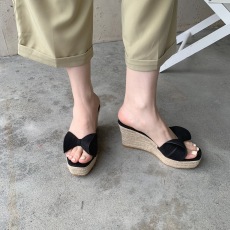 批发坡跟编织麻绳厚底防水台<b class='q'>甜美</b>蝴蝶结纯色拖鞋