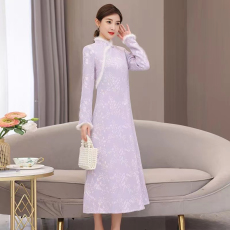 批发复古文艺改良旗袍裙显瘦秋冬大码<b class='q'>连衣裙</b>气质中长款裙子