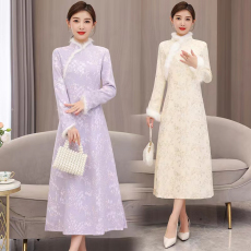 批发复古文艺改良旗袍裙显瘦秋冬大码<b class='q'>连衣裙</b>气质中长款裙子
