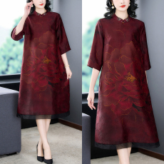 批发新中式花罗香云纱连衣裙女中长款大码七分袖<b class='q'>春</b>秋季真丝改良旗袍