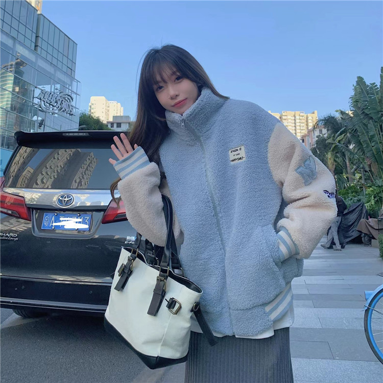 Lamb wool baseball jacket for women 2024 autumn and winter new style high-end street style thickened granular velvet fashion cotton jacket
